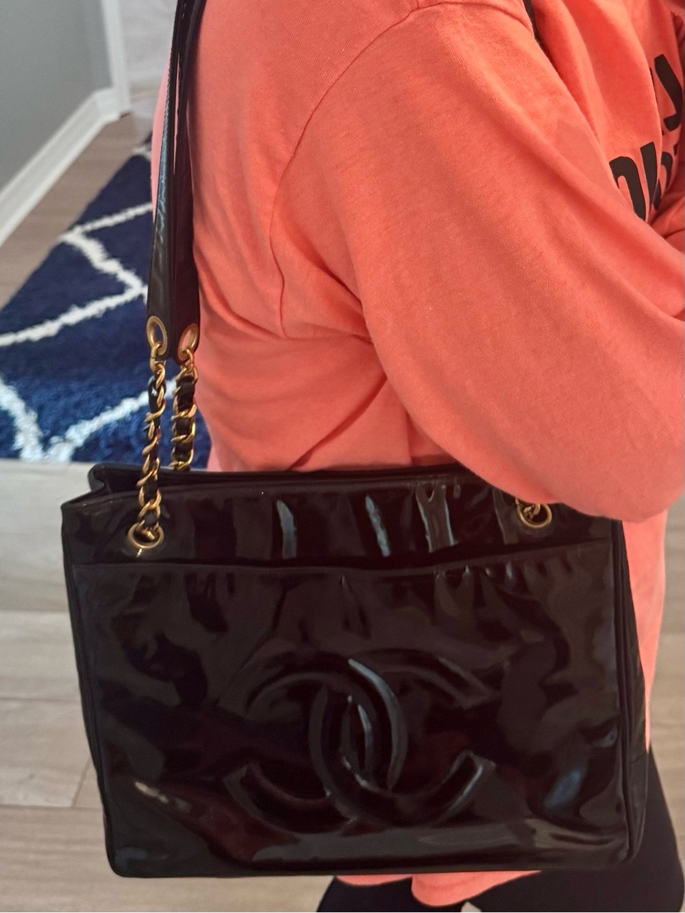 Black Patent Leather Shoulder Tote with Gold Hardware - Picture 17 of 17
